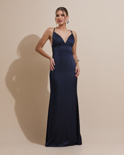 Foto Vestido de Festa Longo Costas Abertas Laço Cetim Decote V Azul Marinho