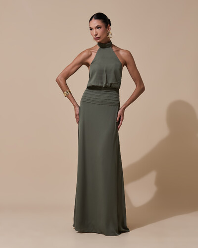 Foto Vestido de Festa Longo Frente Única Busto Blousê Crepe Chiffon Drapeado Verde Oliva