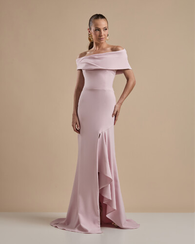 Foto Vestido de Festa Longo Alfaiataria Ombro a Ombro com Babado Cascata Rosa Claro