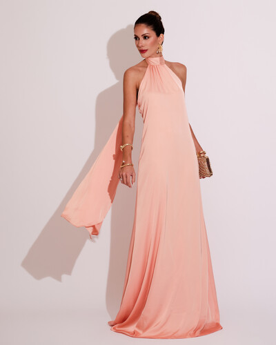 Foto Vestido de Festa Gola Alta com Decote nas Costas Acetinado Rose Gold