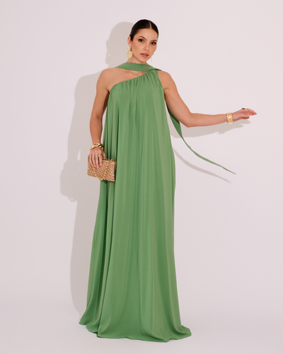 Foto Vestido de Festa Longo Crepe Fluido um Ombro Só com Lenço Verde Claro