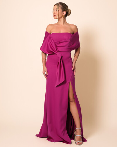 Foto Vestido de Festa Longo Alfaiataria Ombro a Ombro Laço e Fenda Fúcsia Beterraba