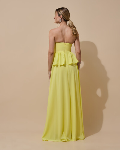 Foto Vestido de Festa Longo Crepe Chiffon Tomara que Caia Peplum Drapeado Amarelo Manteiga