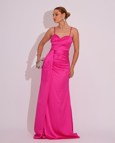 Foto Vestido de Festa Longo Cetim Alfaiataria Fenda Drapeada Pink