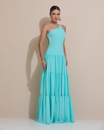 Foto Vestido de Festa Longo Um ombro Só Crepe Chiffon Saia Fluida Tiffany