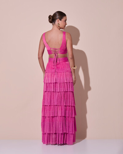 Foto Vestido De Festa Longo Decote V Tule Brilho Recortes Camadas Pink