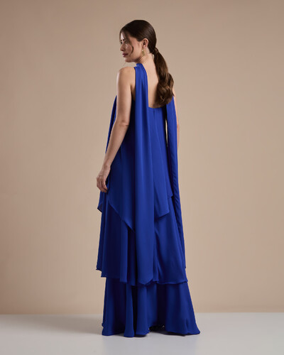 FotoVestido de Festa Longo Chiffon Crepe em Camadas com Lenço Azul Royal