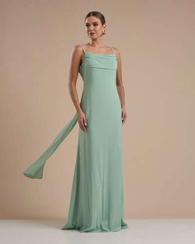 Foto Vestido de Festa Longo Crepe Chiffon Costas Lenço Cauda Verde Menta