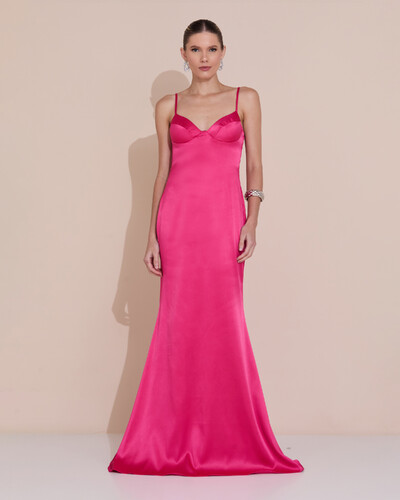 Foto Vestido de Festa Longo Decote Coração Cetim Alfaiataria Trançado Costas Lenço Pink