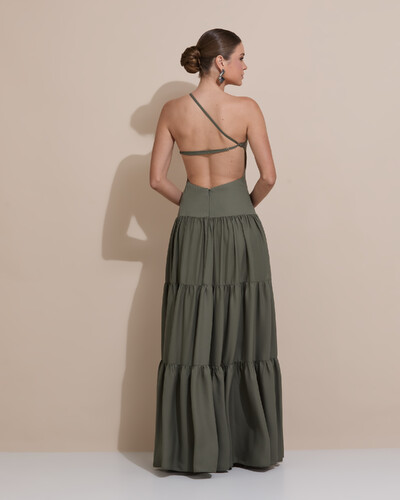 Foto Vestido de Festa Longo Um ombro Só Crepe Chiffon Saia Fluida Verde Oliva