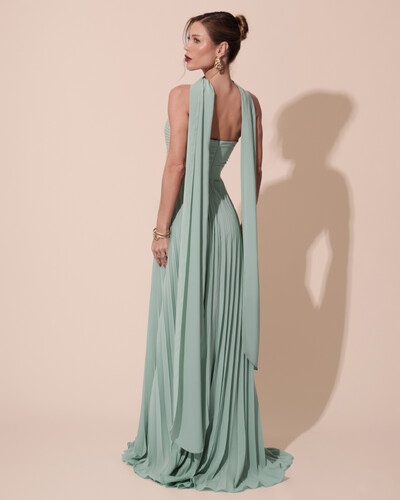 FotoVestido de Festa Longo Tomara que Caia Plissado com Lenço Verde Menta