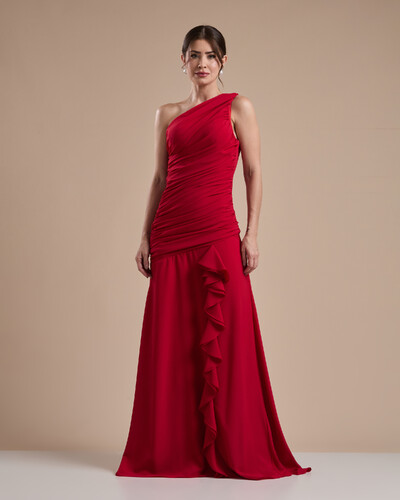 Foto Vestido de Festa Longo Crepe Chiffon Um Ombro Só Drapeado com Babado Cascata Vermelho
