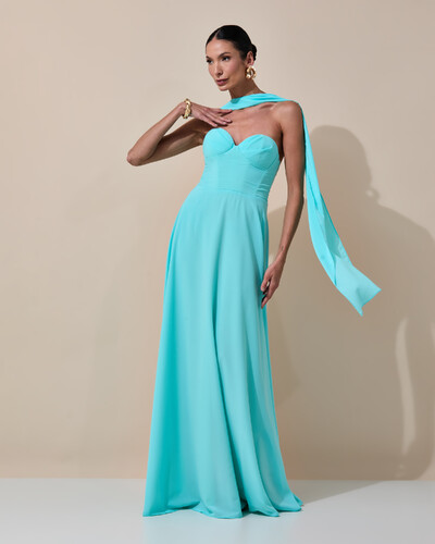 Foto Vestido de Festa Longo Tomara que Caia Crepe Chiffon Decote Coração Lenço Tiffany