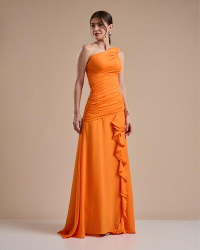 Foto Vestido de Festa Longo Crepe Chiffon Um Ombro Só Drapeado com Babado Cascata Laranja