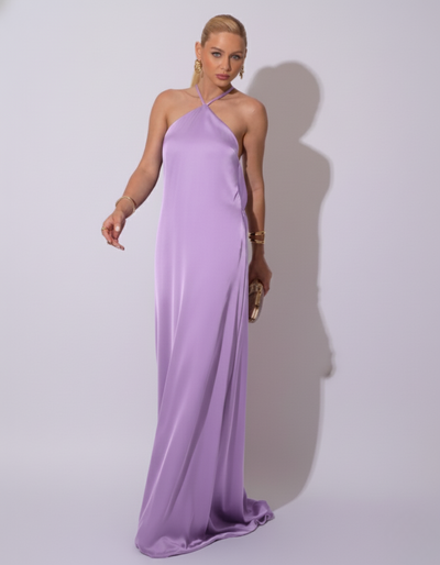 FotoVestido Longo de Cetim com Decote Triangular e Amarração nas Costas Degagê Lilás