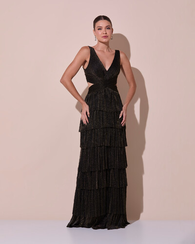 Foto Vestido De Festa Longo Decote V Tule Brilho Recortes Camadas Preto