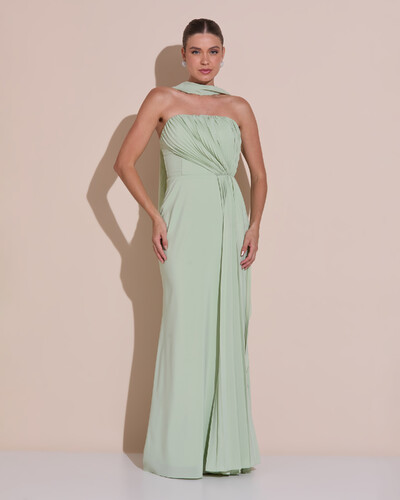 Foto Vestido de Festa Longo Tomara Que Caia Crepe Chiffon Plissado Lenço Verde Menta New