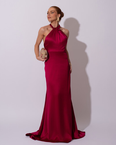 Foto Vestido de Festa Longo em Cetim Alfaiataria com Elastano Frente Única Beterraba