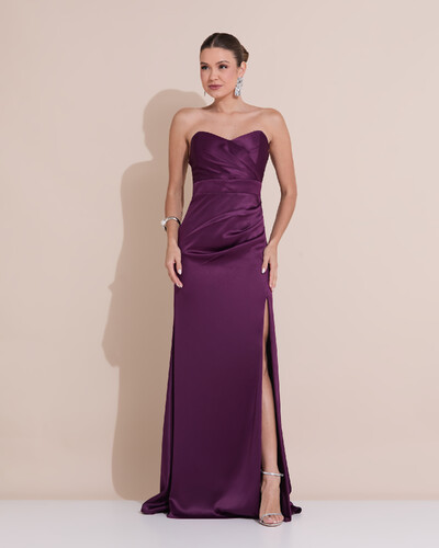 Foto Vestido de Festa Longo Cetim Alfaiataria Tomara que Caia Fenda Roxo