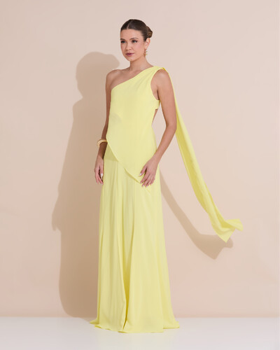 Foto Vestido de Festa Longo Um Ombro Só Crepe Chiffon Lenço Amarelo Manteiga