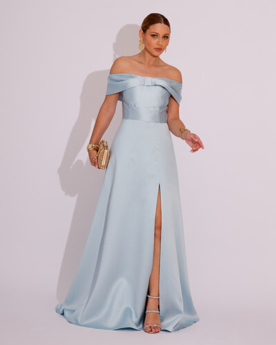 Foto Vestido de Festa Longo Ombro a Ombro Laço Zibeline com Fenda Tiffany