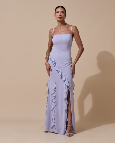 Foto Vestido de Festa Longo Alças Finas Crepe Chiffon Babado Cascata Fenda Costas V Lilás Claro