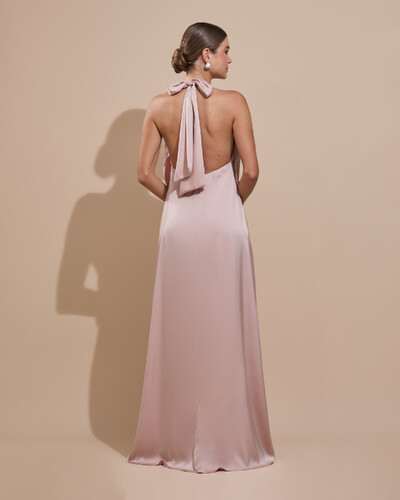 Foto Vestido de Festa Longo Cetim Fluido Frente Única Degagê Mil Formas Rose Nude