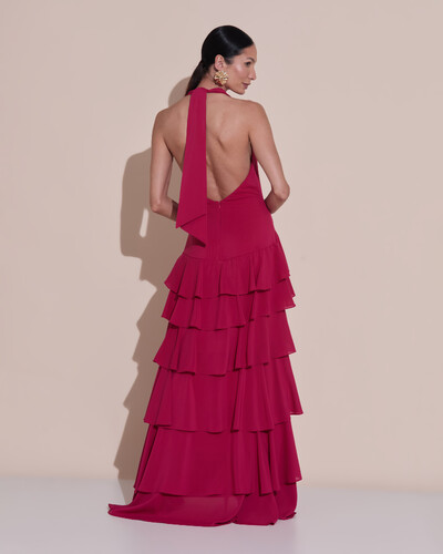 Foto Vestido De Festa Longo Frente Única Degagê Crepe Chiffon Babados Mullet Cereja