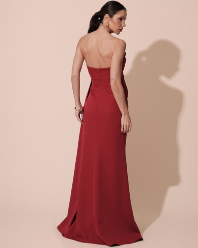 FotoVestido de Festa Longo Alfaiataria Tomara que Caia Drapeado Faixa Cereja