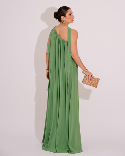 FotoVestido de Festa Longo Crepe Fluido um Ombro Só com Lenço Verde Claro