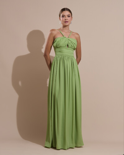Foto Vestido de Festa Longo Crepe Chiffon Drapeado com Alças Finas Verde Garden