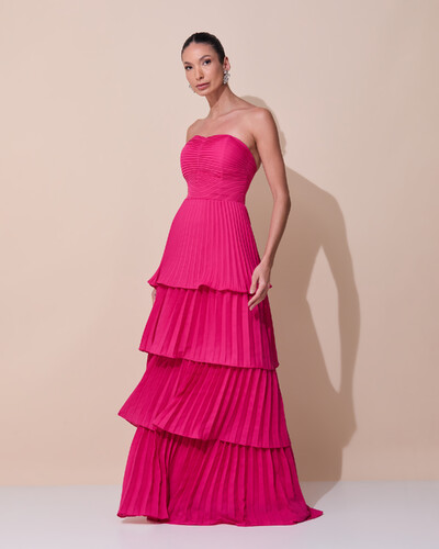 Foto Vestido de Festa Longo Tomara que Caia Crepe Chiffon Plissado Camadas Pink Escuro
