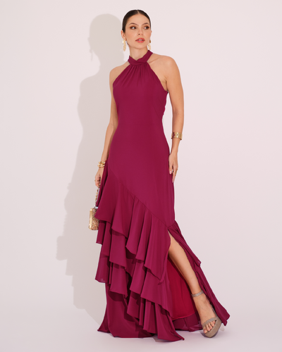 Foto Vestido de Festa Longo Decote Halter com Babados Cereja