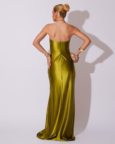 FotoVestido de Festa longo Cetim Malha Metálico Tomara que Caia Detalhe Drapeado Verde Oliva