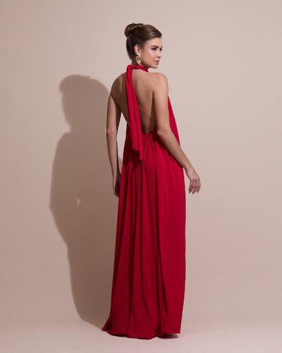 FotoVestido Longo Crepe Chiffon Frente Única Fluido Flor Removível Vermelho