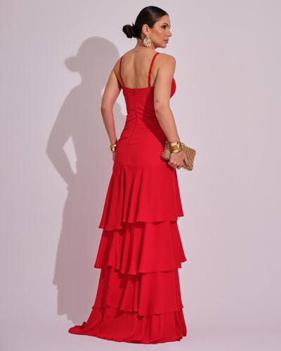 FotoVestido Longo Frente Única em Crepe com Babados e Camadas Vermelho