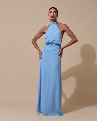 Foto Vestido de Festa Longo Frente Única Busto Blousê Crepe Chiffon Drapeado Azul Atlantis