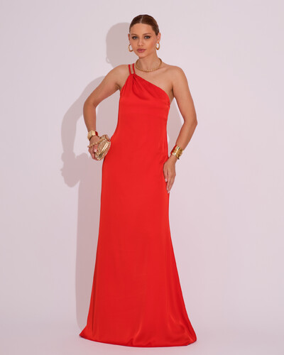 Foto Vestido Longo de Festa em Cetim Fluido Um Ombro Só Vermelho