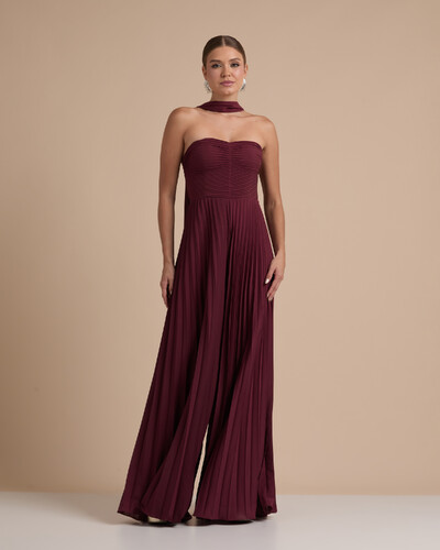 Foto Macacão de Festa Longo Crepe Chiffon Tomara que Caia Plissado com Lenço Marsala