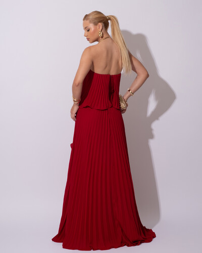FotoVestido de Festa Longo Crepe Chiffon Tomara que Caia Plissado com Babado Cascata Marsala