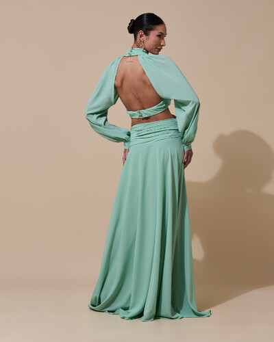 Foto Vestido de Festa Longo Gola Alta Crepe Chiffon Recortes Drapeado Manga Longa Fenda Verde Menta