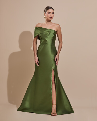Foto Vestido de Festa Zibeline com Faixa Ombro a Ombro Verde Oliva