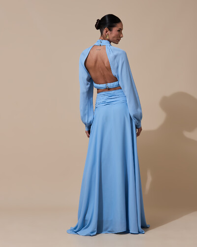 Foto Vestido de Festa Longo Gola Alta Crepe Chiffon Recortes Drapeado Manga Longa Fenda Serenity