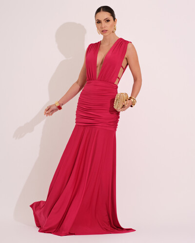 Foto Vestido Longo Jersey Decote V drapeado Cereja