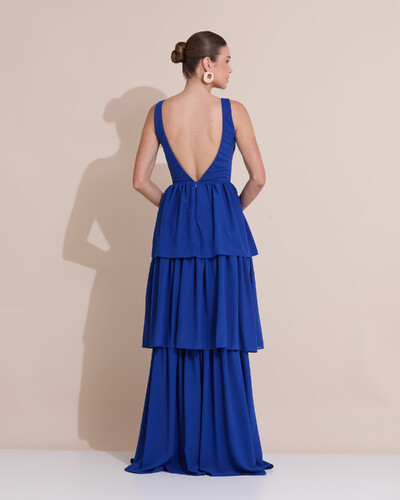 Foto Vestido de Festa Longo Decote V Crepe Chiffon Plissado Camadas Babado Azul Royal