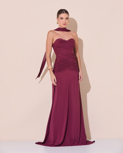 Foto Vestido de Festa Longo Decote Coração Crepe Chiffon Drapeado Plissado Lenço Marsala