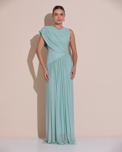 Foto Vestido de Festa Longo Capa Drapeado Tule Saia Fluida Verde Menta