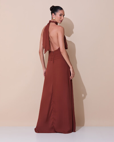 Foto Vestido de Festa Longo Frente Única Busto Blousê Crepe Chiffon Drapeado Marrom New