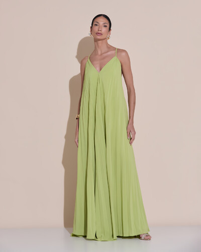 Foto Vestido de Festa Longo Plissado Crepe Chiffon Decote V Alças Finas Verde Garden