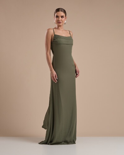 Foto Vestido de Festa Longo Crepe Chiffon Costas Lenço Cauda Verde Oliva
